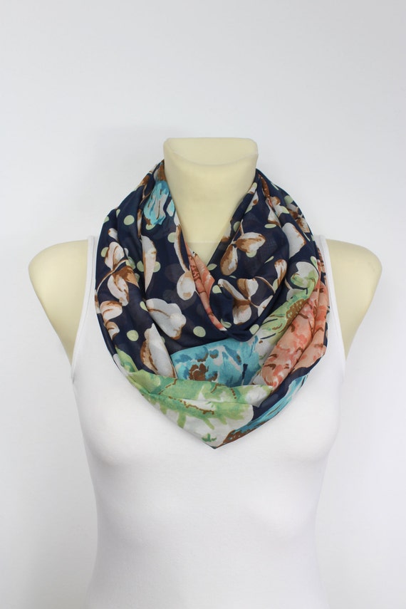 Silk Infinity Scarf Floral Silk Scarf Blue Silk Scarf Mother's Day from Daughter Son Summer Outdoors Summer Party Womens Summer Accessories