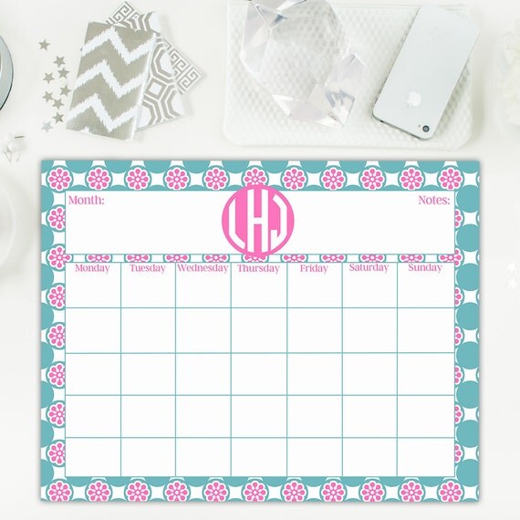 Monthly calendar in teal & pink floral print by PaperKStudios