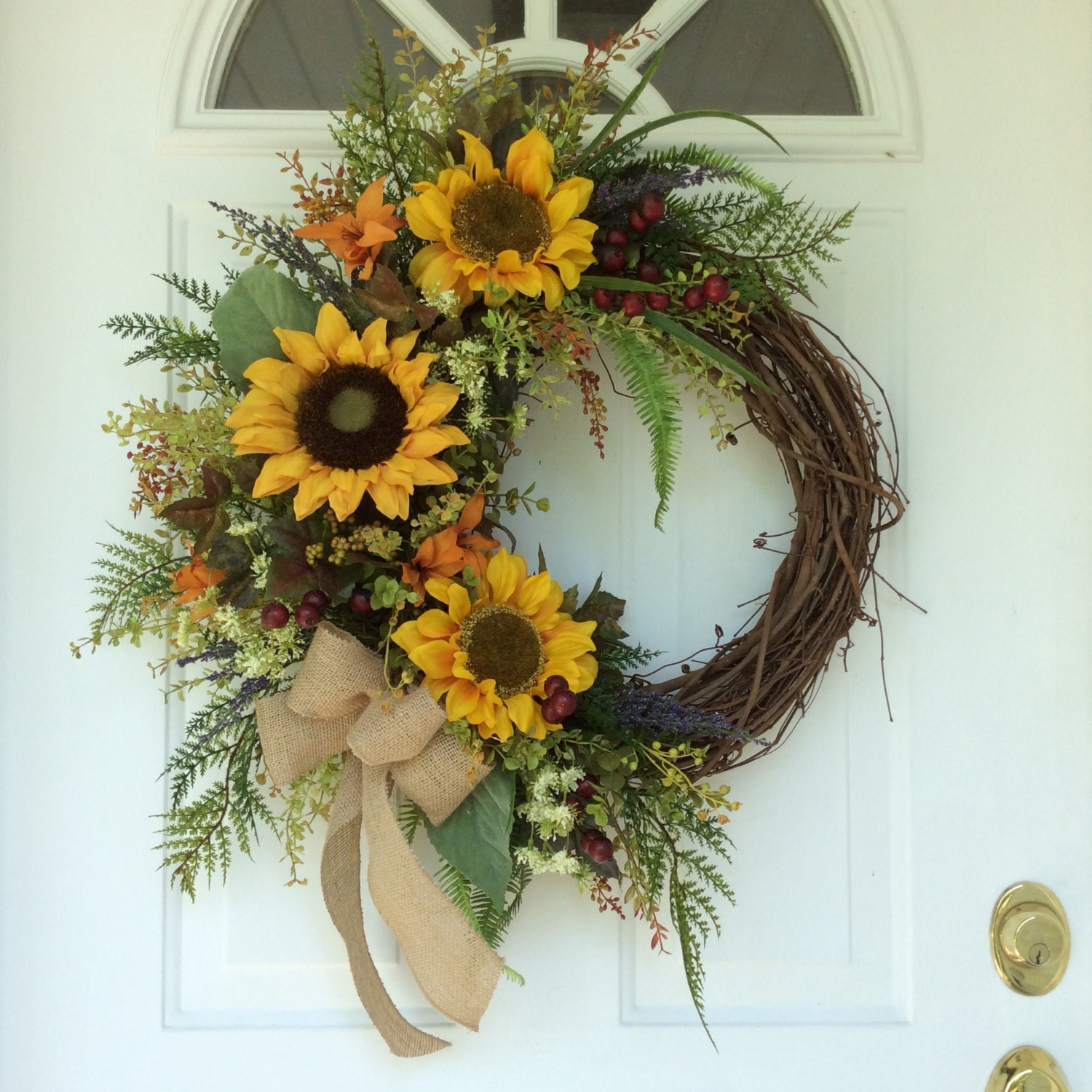 Summer Door Wreath-Spring Wreath-Sunflower Wreath-Fern