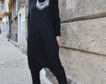 Women's Jumpsuit, Drop Crotch Jumpsuit, Plus Size, Harem Jumpsuit, Black Jumpsuit, Drop Crotch Pants, Casual Romper by CARAMELfs SW6815