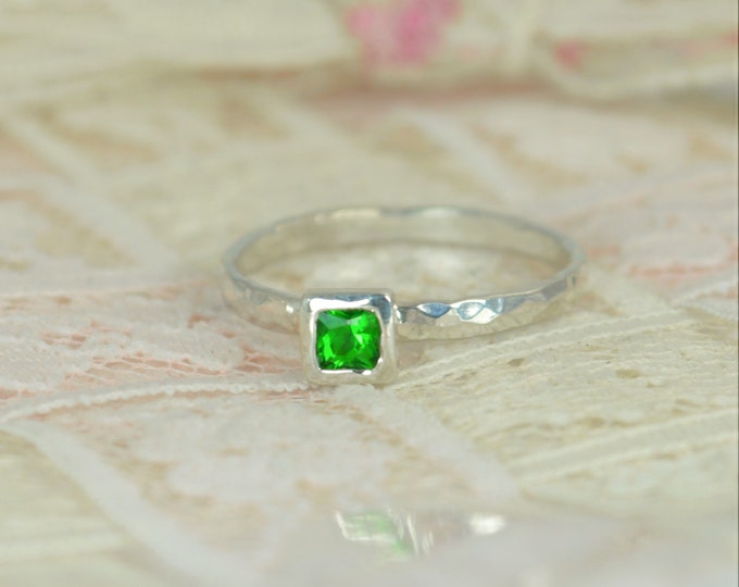 Square Emerald Engagement Ring, Sterling Silver, Emerald Wedding Ring Set, Rustic Wedding Ring Set, May Birthstone, Sterling Silver Emerald