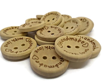 10 wooden buttons, handmade with love, wooden tags printed buttons, with handmade, sewing supplies, crafting buttons,buttons with text