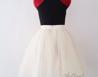 Ivory tulle skirt, Adult sewn tutu, puffy tulle skirt, knee length, short wedding skirt, plus size clothing, satin waistband, 4 layers Tulle