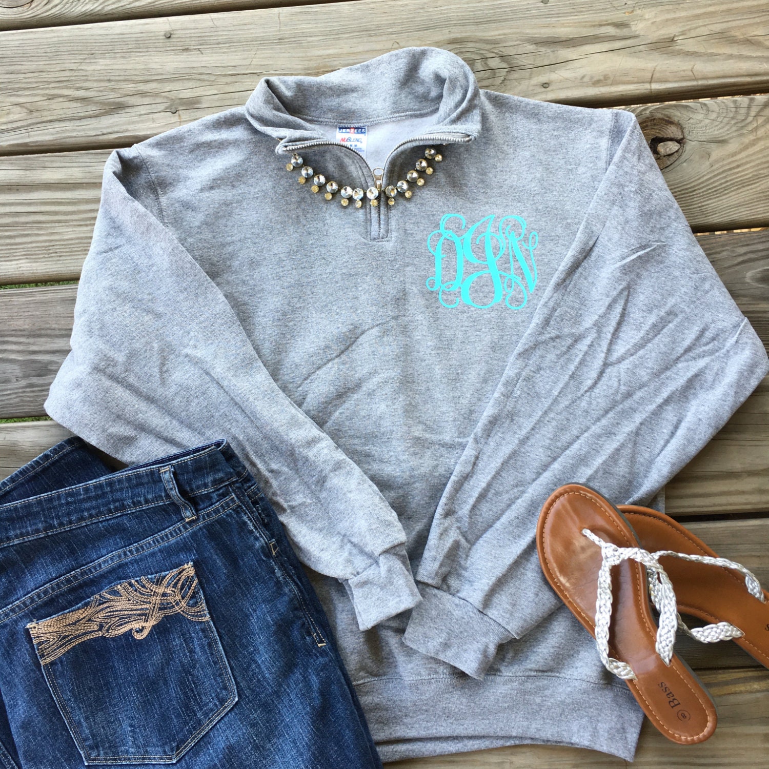 Monogrammed Quarter Zip Sweatshirt. Monogram Sweatshirt.
