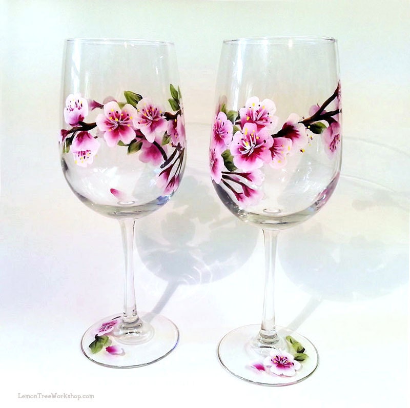 Hand Painted Cherry Blossom Wine Glasses Set Of 2 Bridesmaid