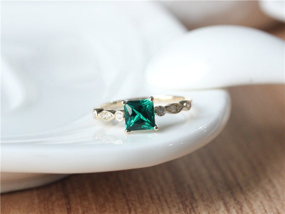 6mm Princess Cut Emerald Ring Yellow Gold Emerald Engagement