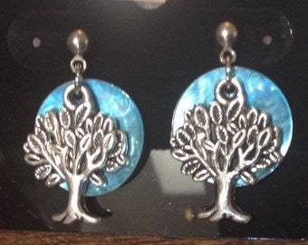 Tree with blue shell sky surgical steel post earrings