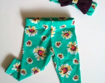 Baby girl headband and legging set, mint green floral baby leggings, turban bow headband, girl legging set, trendy baby clothes, baby gift