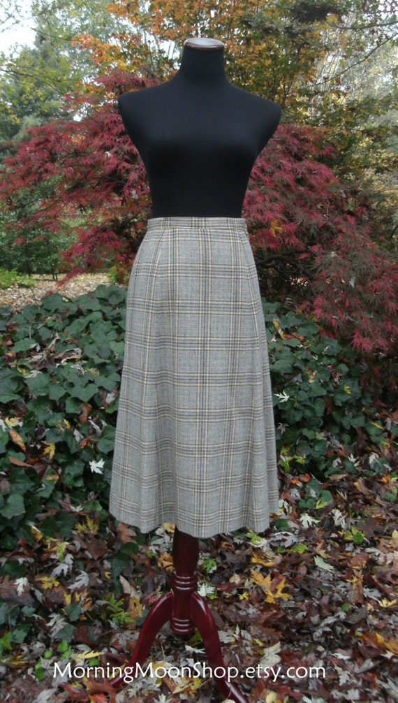 PENDLETON WOOL SKIRT Vintage 1970s Blue & Tan Plaid Midi