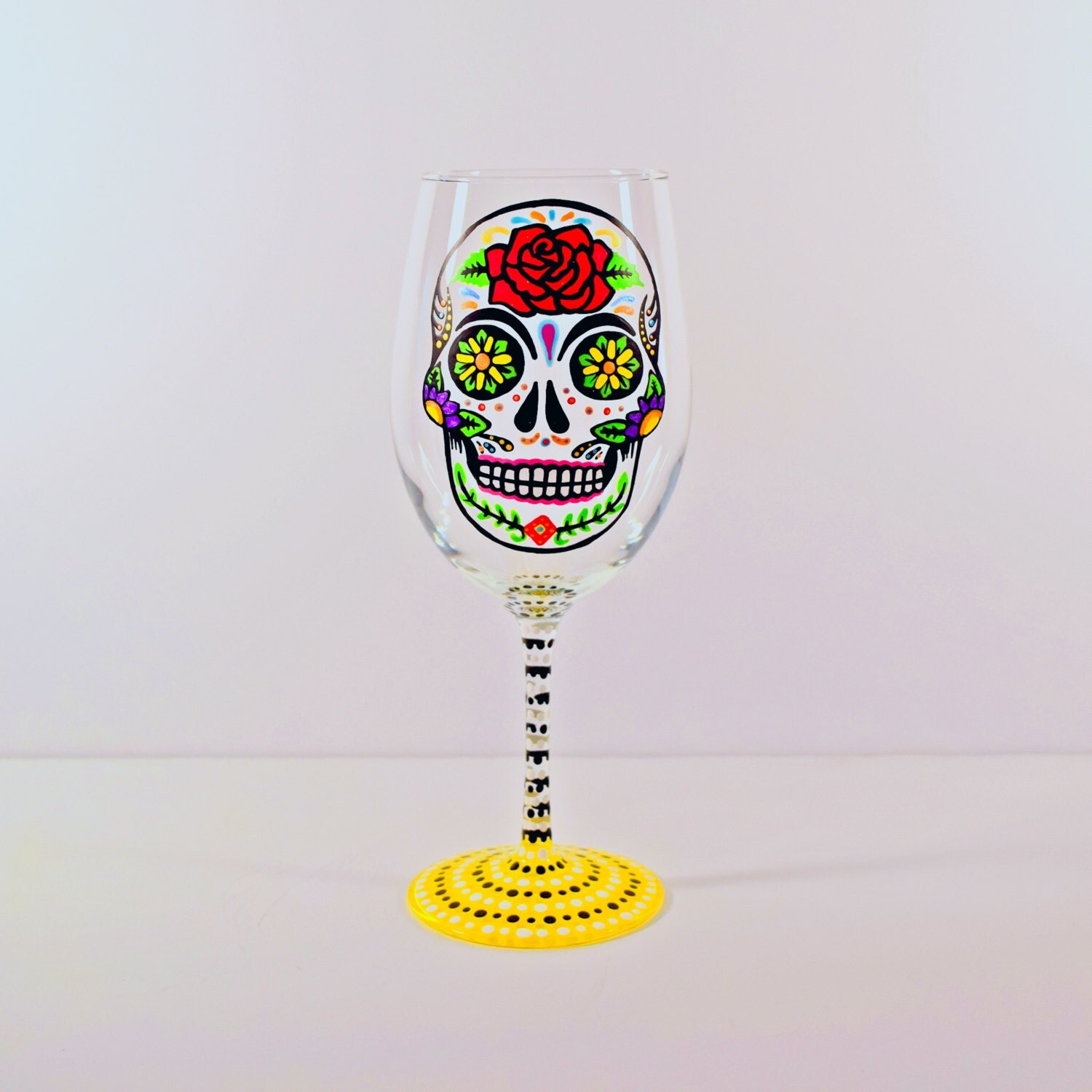 Sugar Skull Hand Painted Wine Glasses Day of the Dead Dia