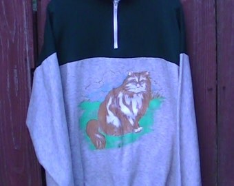 Cat sweatshirt cat lovers crazy cat lady creepy cat pullover track jacket retro cat shirt 80s cat clothes ugly cat sweater XL made in usa
