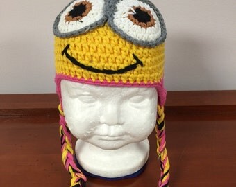 Pink minion crochet hat, girl minion hat