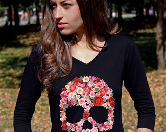Sugar Skull Shirt Skull Shirts Skull Clothing Sugar Skull Clothing Skeleton Shirts Floral Skull Tee Shirt V Neck Women 3/4 Sleeve Shirt