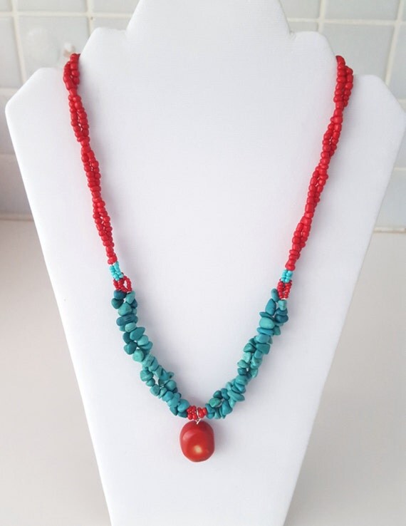 Red and turquoise necklace Coral and turquoise necklace Red