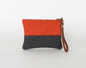 Orange and Gray Wool Felt Zipper Wristlet | Felt Pouch
