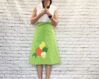 Vintage 70s Wrap Skirt XS S Reversible Green Polka Dot Fruit Patch A-Line Knee Length