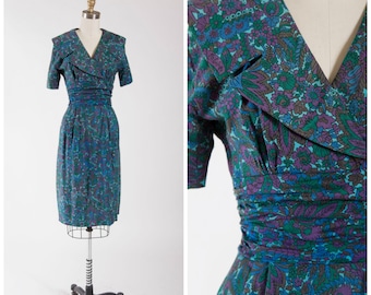 Vintage 1950s Dress • Best Kept Secret • Green Blue Floral Print 50s Wiggle Dress by Jonathan Logan Size Small