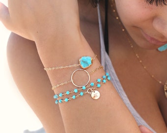 Turquoise slice bracelet, 14k Gold filled double chain boho chic bracelet, 24k gold Electroplated Edge gemstone, beach wedding, bridesmaids