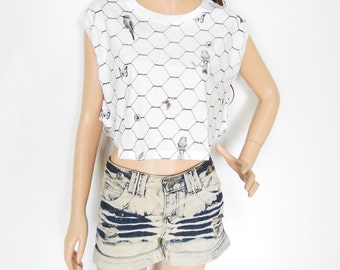 Birdcage Tshirt Summer Shirt Cute Shirt Graphic Tank art shirt women crop top screen print (Measurements - fits great from M - L)