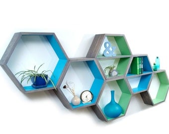 Geometric Wood Shelves - Mid Century Modern - Honeycomb Shelf - Hexagon Book Shelf - MCM - Floating Shelf - Modern Shelving - 3 XL Shelves