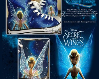 Custom Painted Shoes, Tinkerbell Inspired, Hand Painted Sneakers, Canvas Hi Tops, Personalised Gifts, Fairy, Galaxy Shoes, Customisable