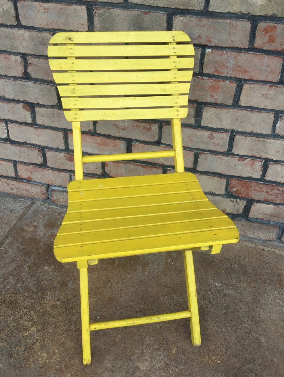 Vintage Yellow Wooden Slat Folding Chair Painted Yellow