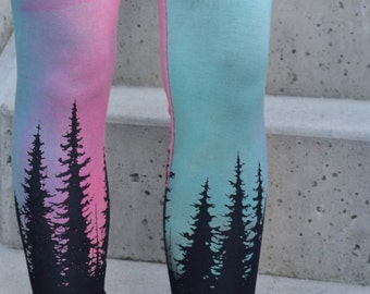 Aurora Borealis Print, High Waisted Leggings, Hand Painted Tights, Tree Print, Tree Silhouette, Burning Man, Festival Wear, Bamboo Jersey