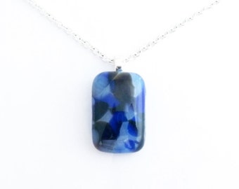 Recycled wine bottle pendant in blue, brown, and frosted glass/Kiln-fused necklace handmade from upcycled wine bottle glass