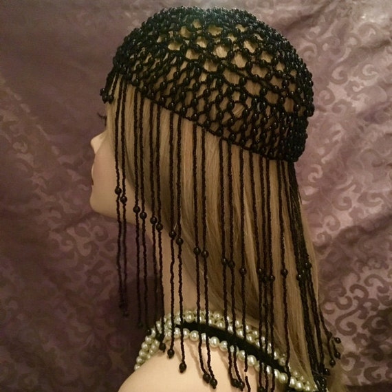 1920s style FULLY Beaded BLACK Fringe FLAPPER Head cap skull