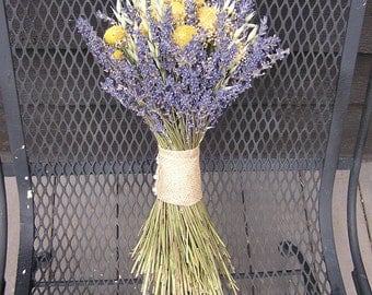 Lavender Dried Wedding Bouquet, Bridal Yellow and Lavender Bouquet, Dried Country Bunch, Rustic Dried Arrangement, Table centerpiece
