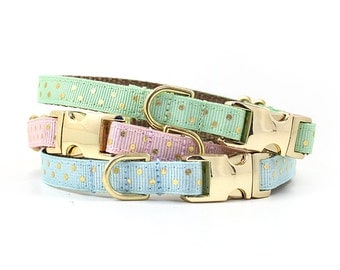 Polka Dot Collar // Cats & Little Dogs // 3/8 inch width // NON-Breakaway Metal Buckle // Pattern: Gold Dots on Mint, Pink and Blue