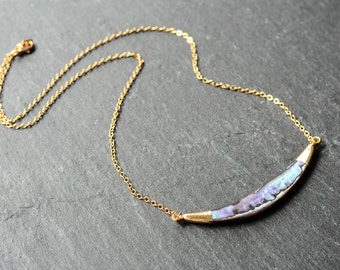 Tibetan Abalone Shell Statement Necklace - Rainbow Bohemian Jewellery Vintage Gold- Festival Boho-Pearl Horn- Gift Present -Short Necklace
