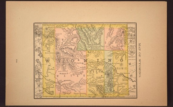 Wyoming Map Wyoming Antique Original Late 1800s Hand Colored