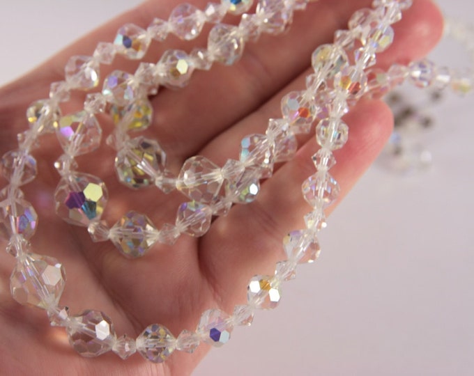 White Rainbow Necklace Transparent Three Strand Crystal Necklace AB Aurora Borealis Beads circa 1960s
