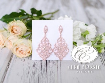 Rose Gold Bridal Earrings Wedding Jewelry Clear Zircon Crystal Rhodium Art Deco Pierced Dangle Unique Design Bridesmaid Dangle Earrings
