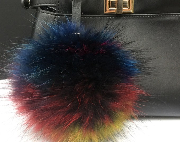 NEW Tropical Swirl™ Multi Color Raccoon Fur Pom Pom bag charm clover flower charm keychain piece