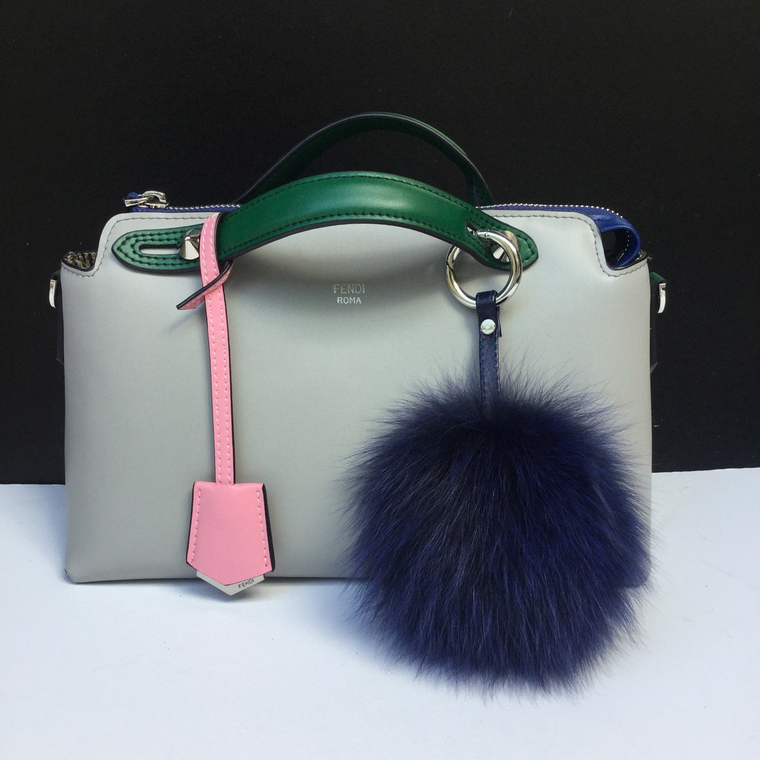 Fox Fur bag charm, fur pom pom keychain, fur ball keyring purse pendant