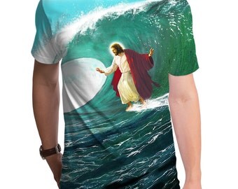 Surfs Up Jesus (GT3670-285SUB) Men's Tee. Funny t-shirts, geeky gift, Jesus shirt, Jesus tee, christian clothing, surfing, beach.