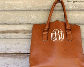 Monogrammed Scalloped Purse- Brown- Hobo Bag- Tote- Purse