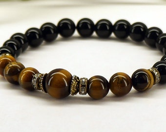 Unisex Tigers Eye Gemstone Bracelet, Onyx, Tiger Eye Jewelry, Gift for Him or Her, Yoga Bracelet, Mala Braclet, Healing Bracelet, Stretch
