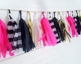 Kate Spade Inspired Stripes and Solids Fringe Tassel Garland Banner > Black Pink Gold White > Bachelorette Party Bridal Shower Birthday