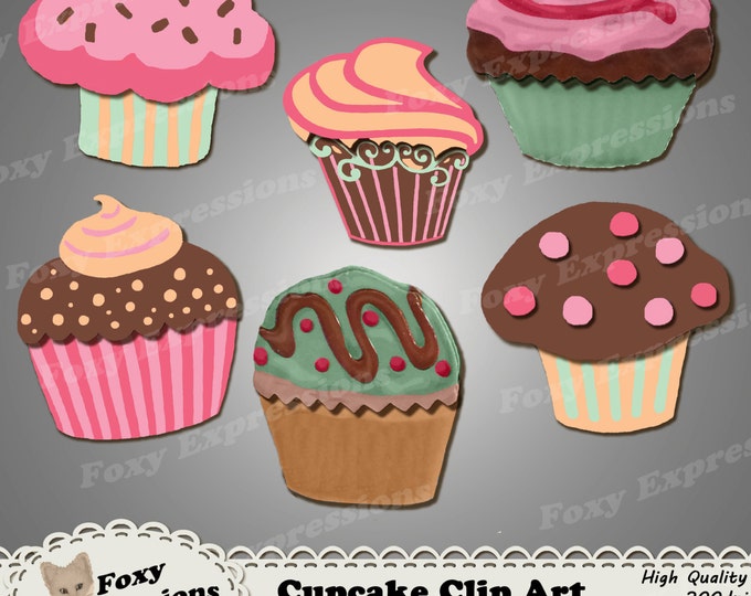 Cupcake digital clip art comes in delicious colors of pinks, orange, green and brown. They are covered in polkadot sprinkles & creamy swirls