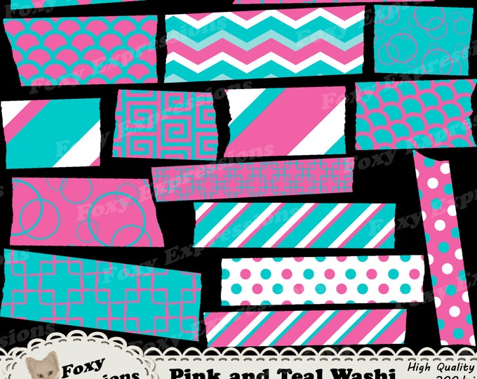 Pink and Teal Digital Washi Tape comes in chevron, stripes, polka dots, greek swirls, chains, scales & bubbles. Personal or commercial use.
