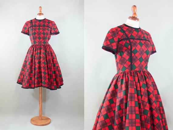 1950s square dress / red fifties original full by MyLoftVintage