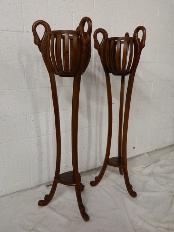 Pair Tall Wood Carved Swan Planters Wooden Plant Stands.