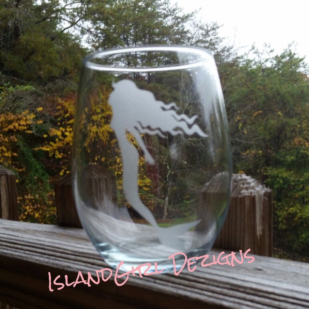 Hand Etched Mermaid wine glass. nautical beach glassware