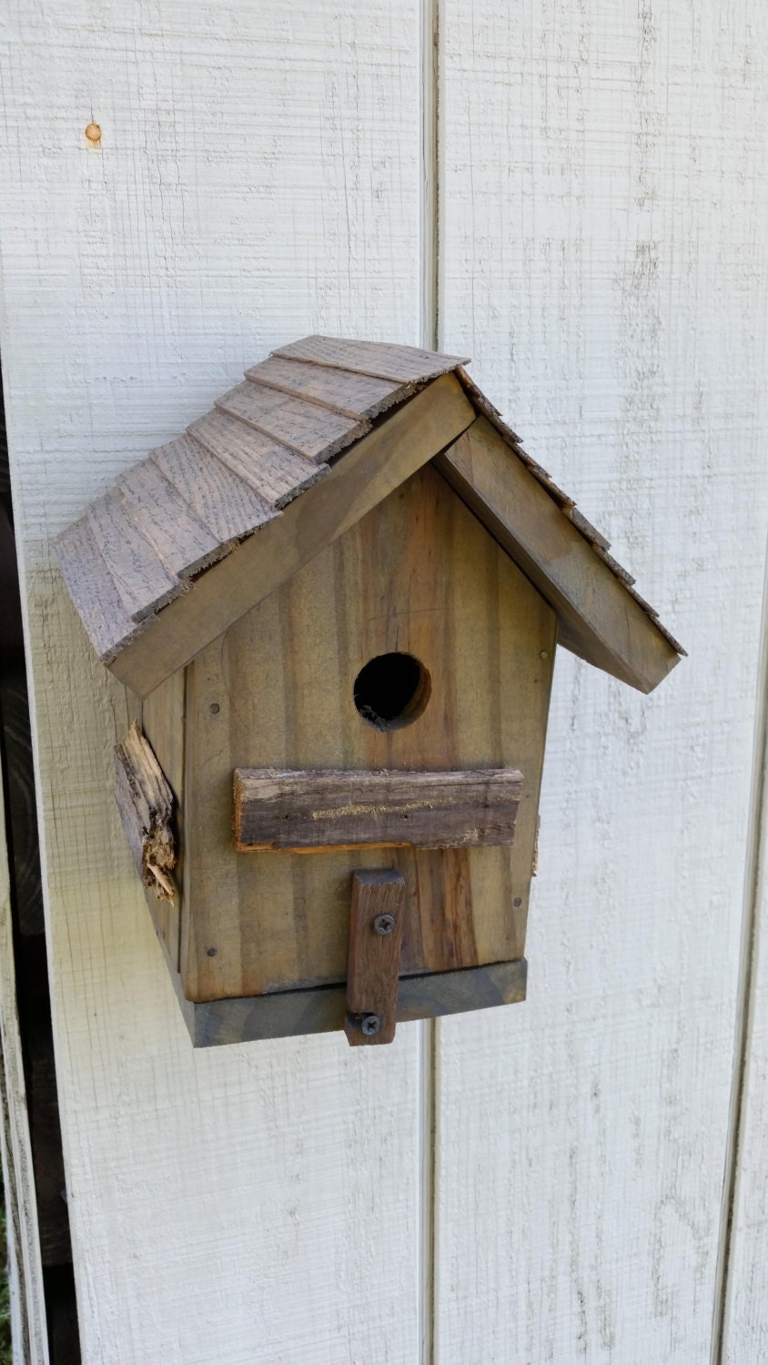 Birdhouse with gray shingles and rustic accents. by MLWoodCrafts