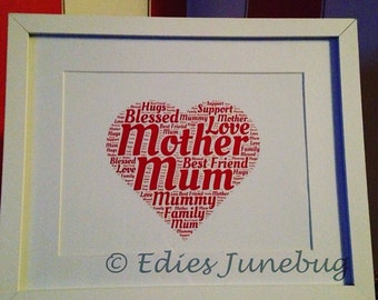 Handmade Mothers Day Gift, Red Love Heart Typography, Home Decor, Free Mothers Day Card, Free Postage, Birthday Gift For Mum