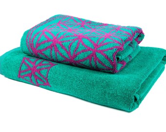 FREE SHIPPING Flower of Life Towels Set in Turquoise Bath Towel and Hand Towel Turquoise Bathroom Luxury Towels