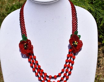 Poppy Flower Necklace, Beaded Poppy Necklace, Ukrainian Necklace, Gerdan, Red Seed Bead Necklace, Folk Necklace, Elegant Necklace